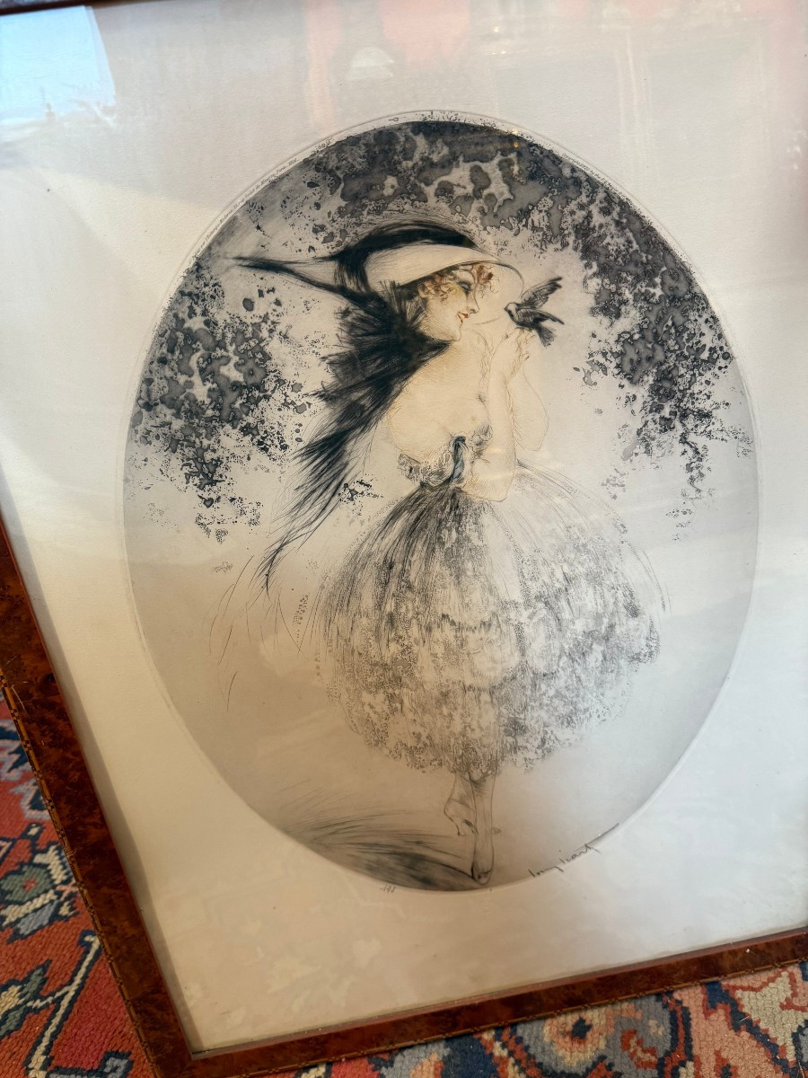 GRAVURE Louis ICART « Femme dénudée à l’oiseau »-photo-1