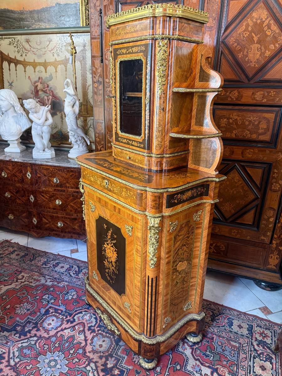  BUFFET A HAUTEUR D’APPUI FORMANT VITRINE EN MARQUETERIE DE STYLE LOUIS XV-photo-3