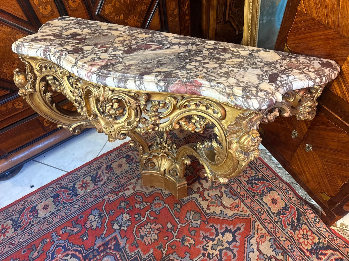 CONSOLE D’APPLIQUE DE STYLE LOUIS XV EN BOIS DORE-photo-2
