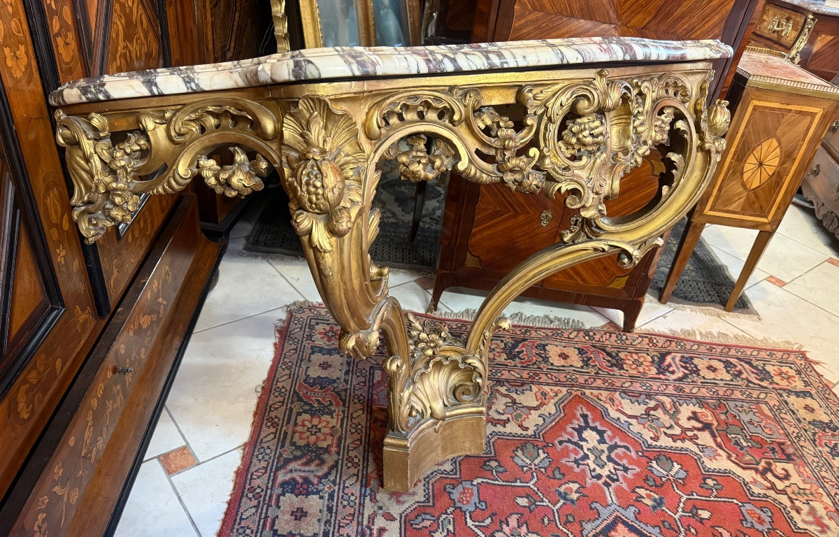 CONSOLE D’APPLIQUE DE STYLE LOUIS XV EN BOIS DORE-photo-4