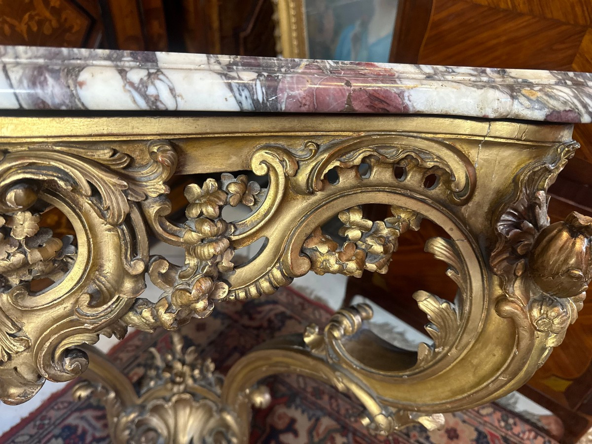 CONSOLE D’APPLIQUE DE STYLE LOUIS XV EN BOIS DORE-photo-2
