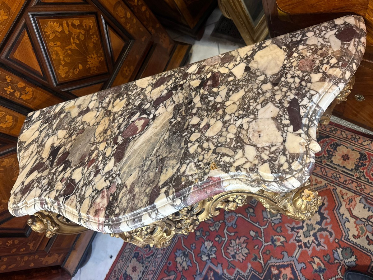 CONSOLE D’APPLIQUE DE STYLE LOUIS XV EN BOIS DORE-photo-4