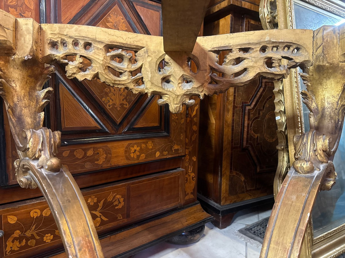 CONSOLE D’APPLIQUE DE STYLE LOUIS XV EN BOIS DORE-photo-7