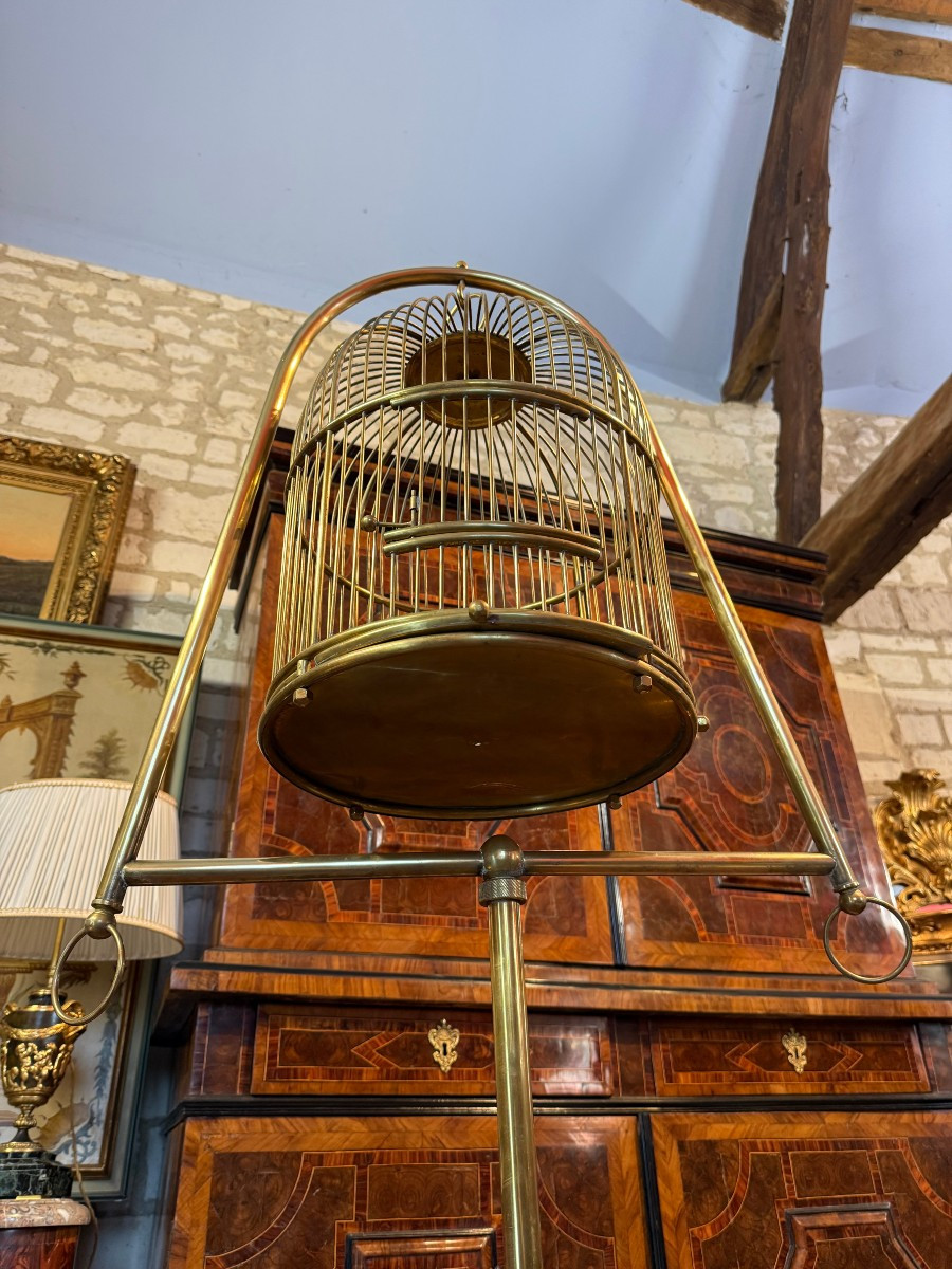 CAGE A OISEAUX SUPENDUE SUR PIED EN LAITON-photo-3