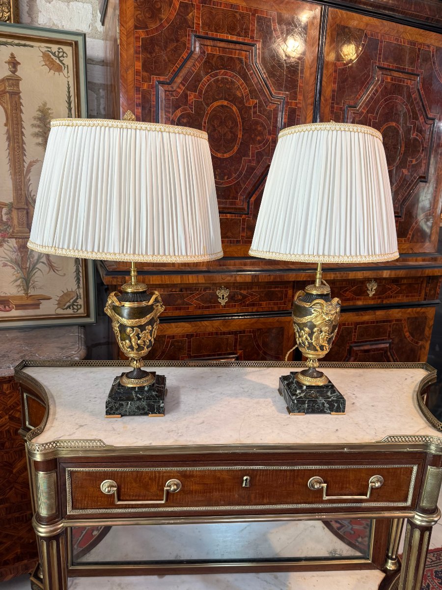 Pair Of Napoleon III Lamps In Gilded Bronze After A Clodion Model-photo-6