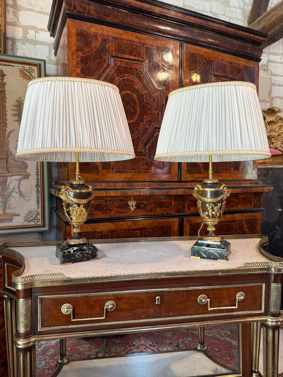 Pair Of Napoleon III Lamps In Gilded Bronze After A Clodion Model