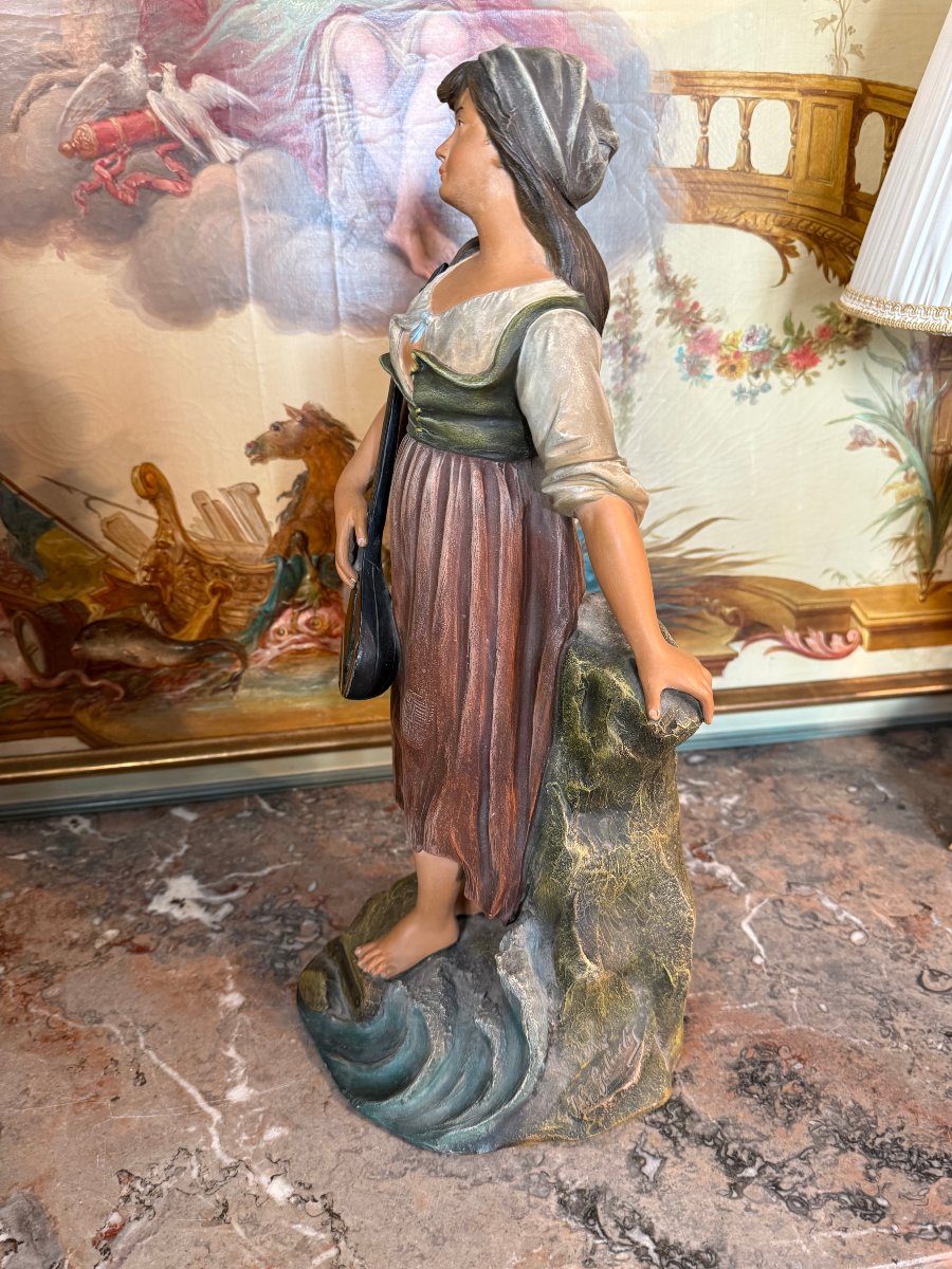 Sculpture Of Young Neapolitan Woman With Mignon Mandolin Signed Joseph Le Guluche-photo-4