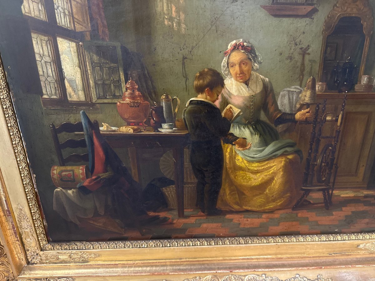 Oil On Wood In The Dutch Style  "scene From Domestic Life"-photo-2