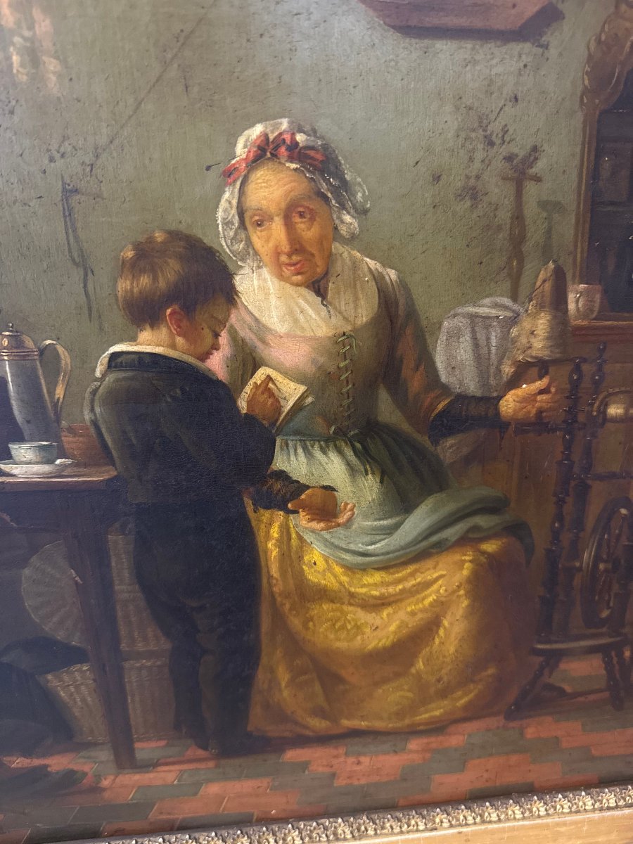 Oil On Wood In The Dutch Style  "scene From Domestic Life"-photo-3