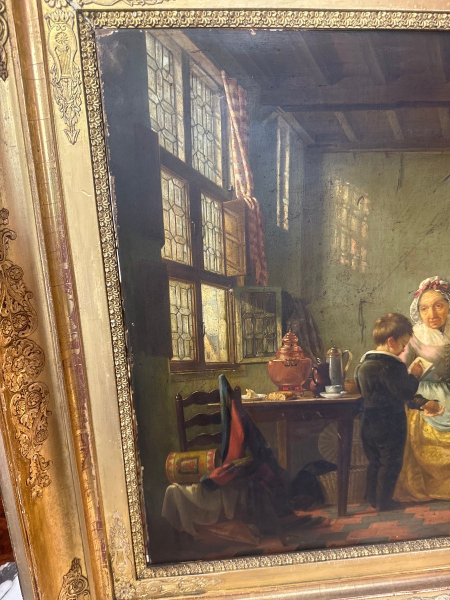 Oil On Wood In The Dutch Style  "scene From Domestic Life"-photo-1