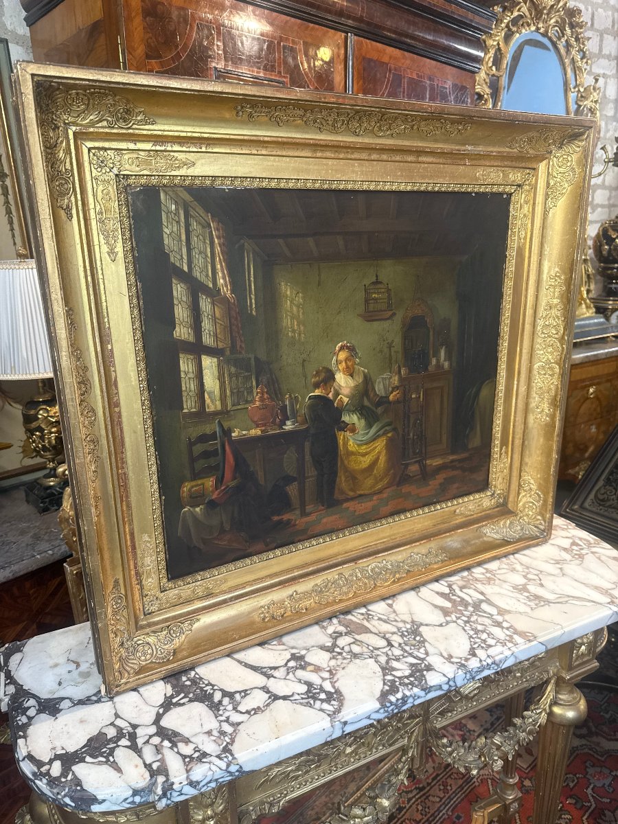Oil On Wood In The Dutch Style  "scene From Domestic Life"-photo-4