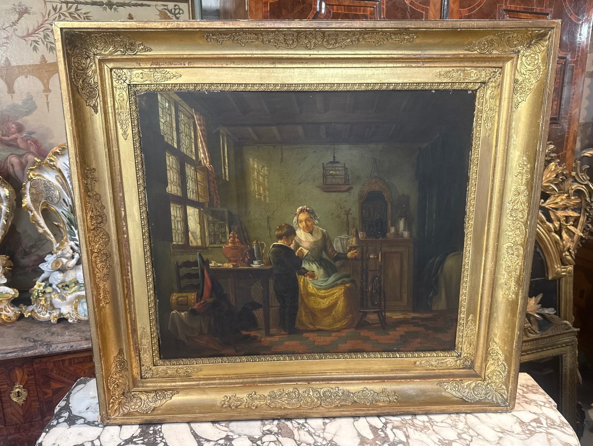 Oil On Wood In The Dutch Style  "scene From Domestic Life"