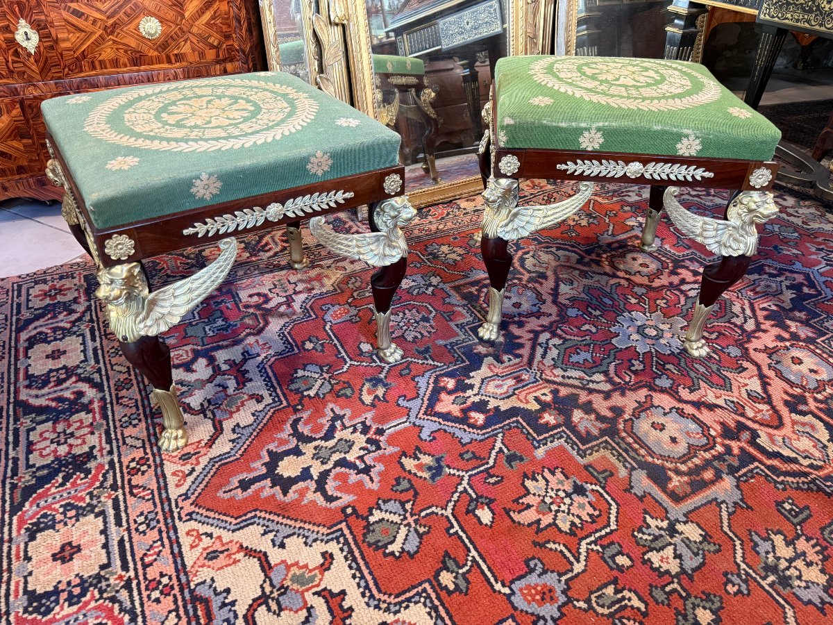 Pair Of Empire-style Stools With Winged Lions