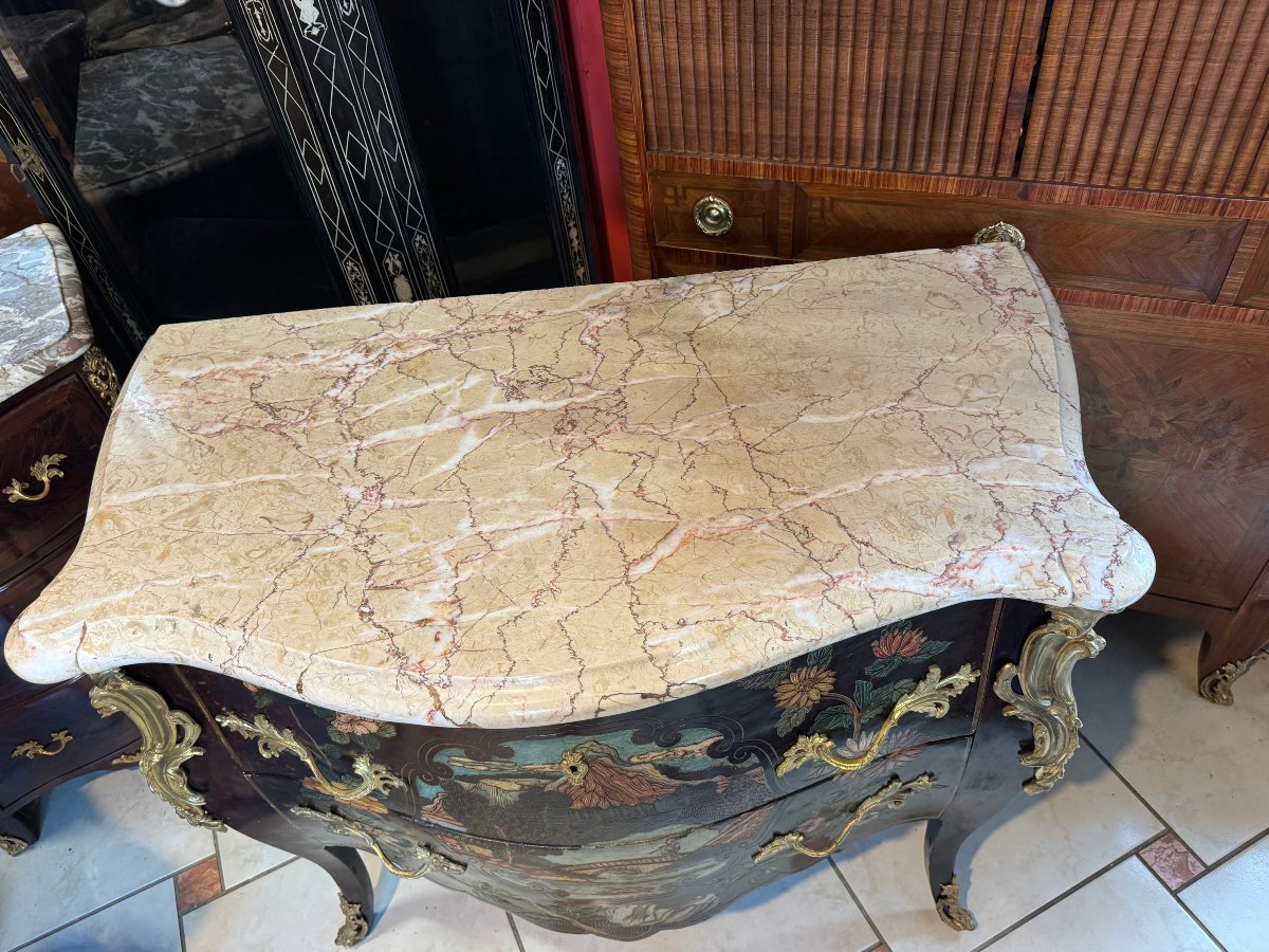 Louis XV-style Gabled Chest Of Drawers In Coromandel Chinese Lacquer-photo-3