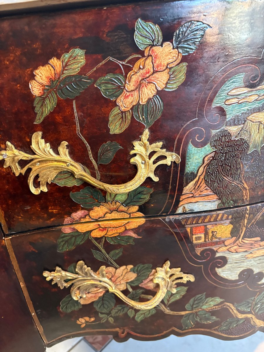 Louis XV-style Gabled Chest Of Drawers In Coromandel Chinese Lacquer-photo-3