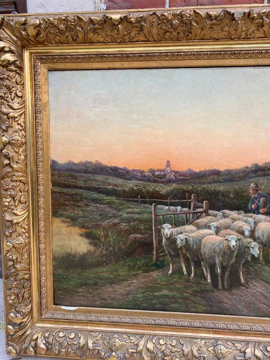 Oil On Canvas, French School Of The XIXth, Representing A Flock Of Sheep And Its Shepherd-photo-1