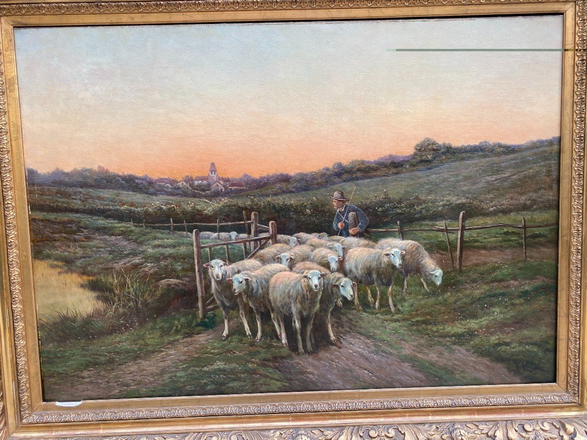 Oil On Canvas, French School Of The XIXth, Representing A Flock Of Sheep And Its Shepherd-photo-4