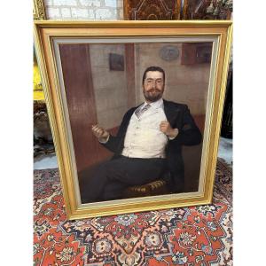 Large Oil On Canvas Painting – Man With The Red Ribbon Of The Legion Of Honor - Signed F. Cormon