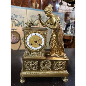 Empire Clock Representing A Woman With A Butterfly 19th