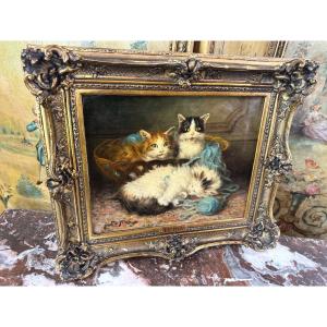 Oil On Canvas: Family Of Cats With A Baby Jules Leroy