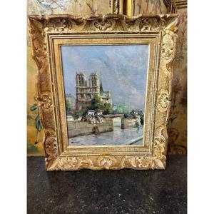 Painting - Oil On Canvas Quai De Paris Bouquinistes Notre Dame Signed Julian Brosius