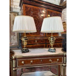 Pair Of Napoleon III Lamps In Gilded Bronze After A Clodion Model
