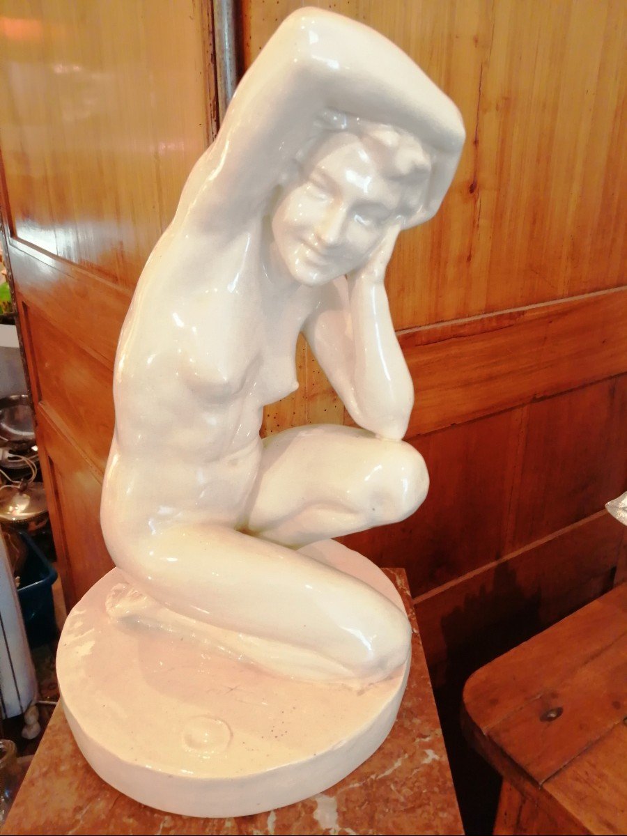  Sculpture  Femme nue  en Céramique  craquelée des Années 1930 Art Déco (attribué à JB Carpeaux )-photo-2