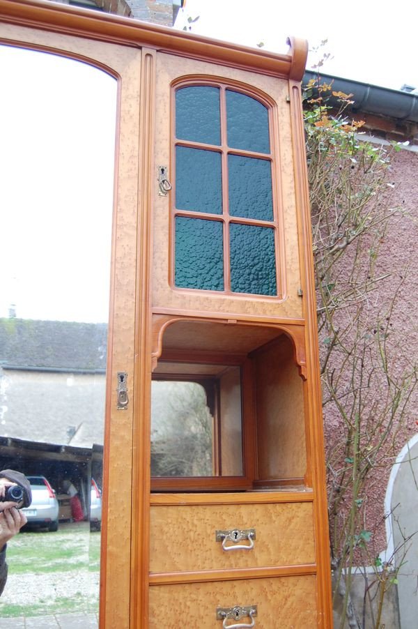 Armoire A Glace Art Nouveau En érable Moucheté Des Années 1930-photo-4