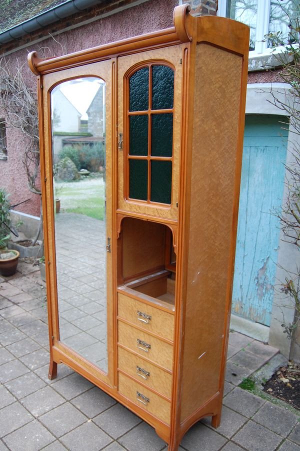 Armoire A Glace Art Nouveau En érable Moucheté Des Années 1930-photo-5