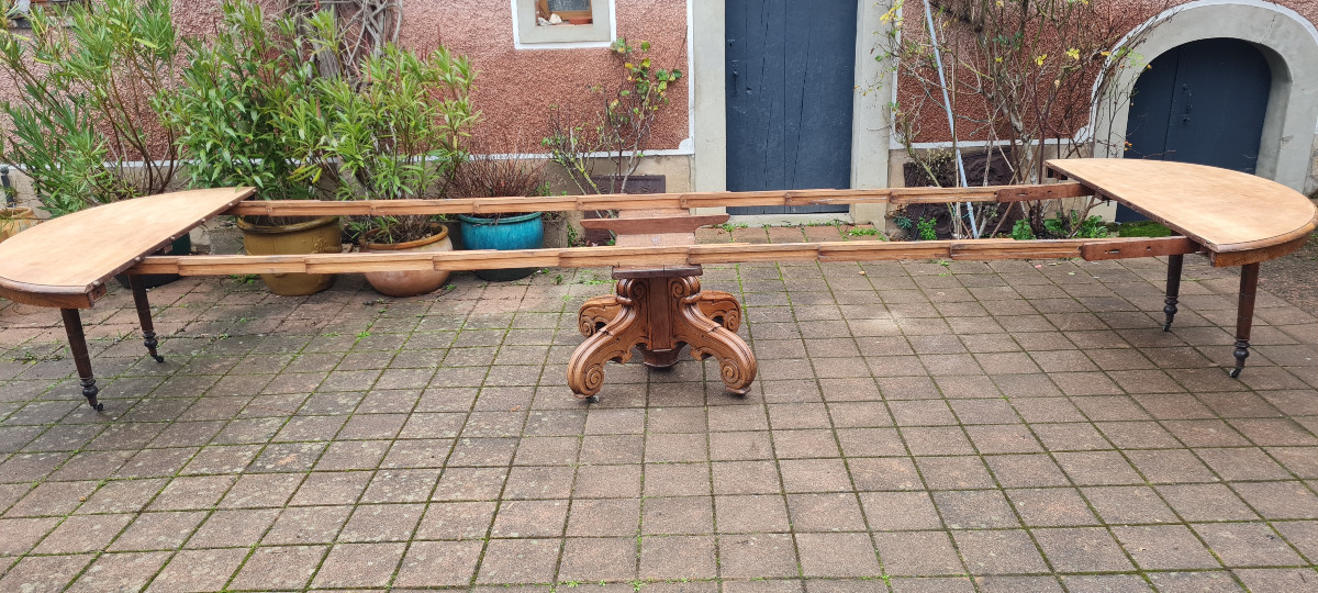 Very Large Napoleon III Style Table For 22 Place Settings, With A Central Walnut Pedestal Base, Late 19th Century, 6 Extensions-photo-1