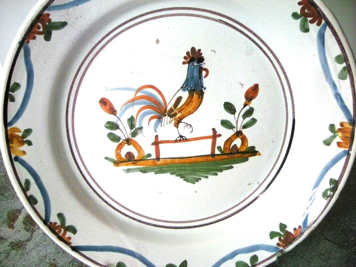 Northern Earthenware Dish 18th Century Rooster Decor On Fence-photo-2