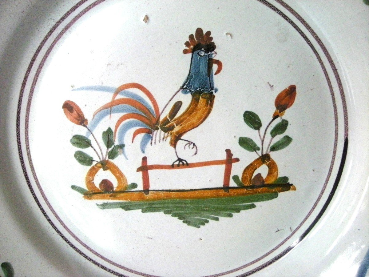 Northern Earthenware Dish 18th Century Rooster Decor On Fence-photo-3
