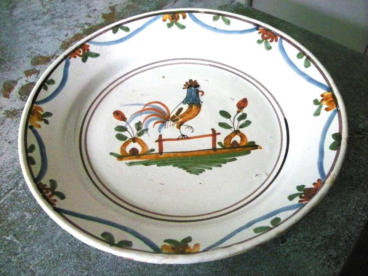 Northern Earthenware Dish 18th Century Rooster Decor On Fence-photo-4