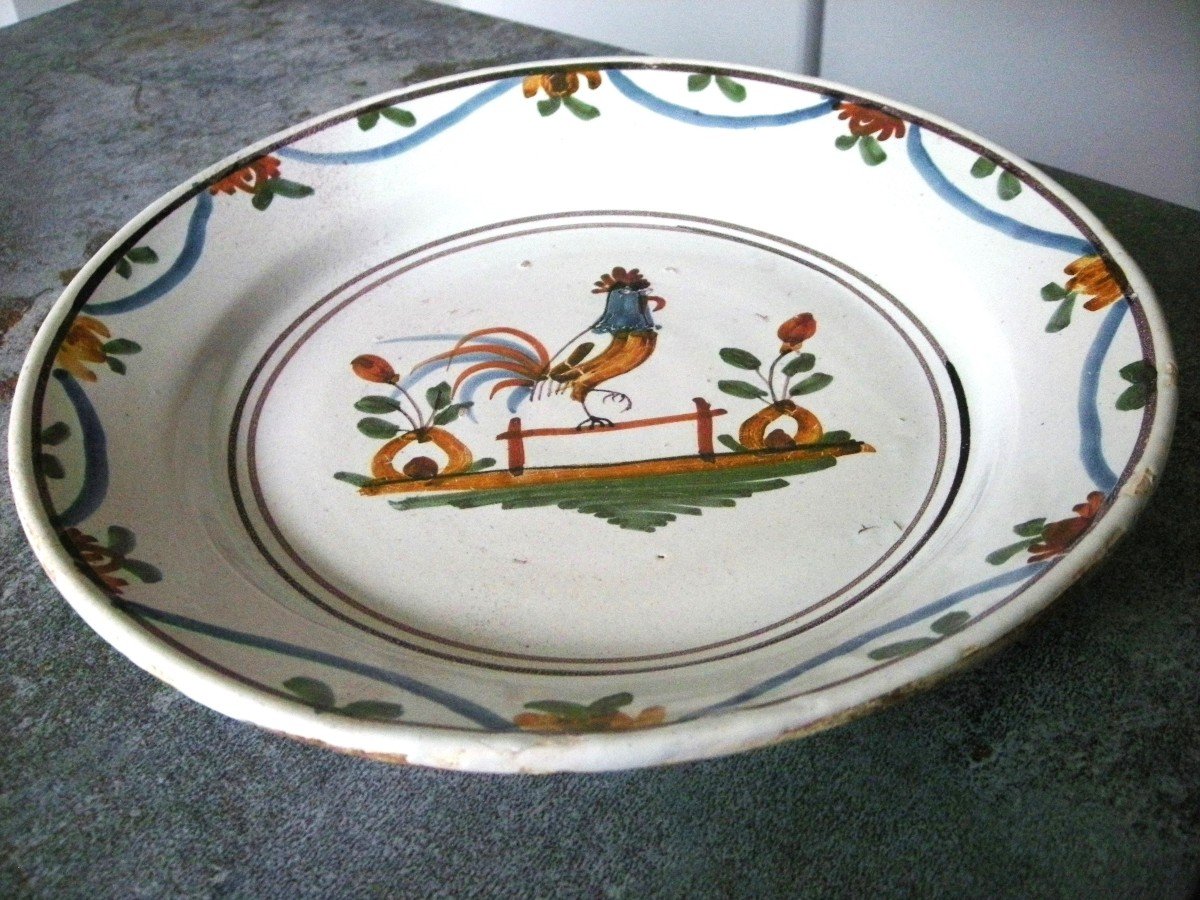 Northern Earthenware Dish 18th Century Rooster Decor On Fence-photo-1