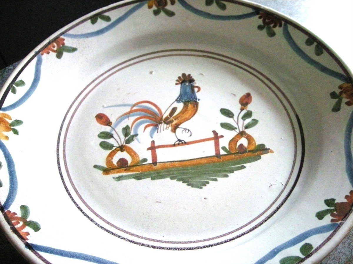 Northern Earthenware Dish 18th Century Rooster Decor On Fence-photo-5