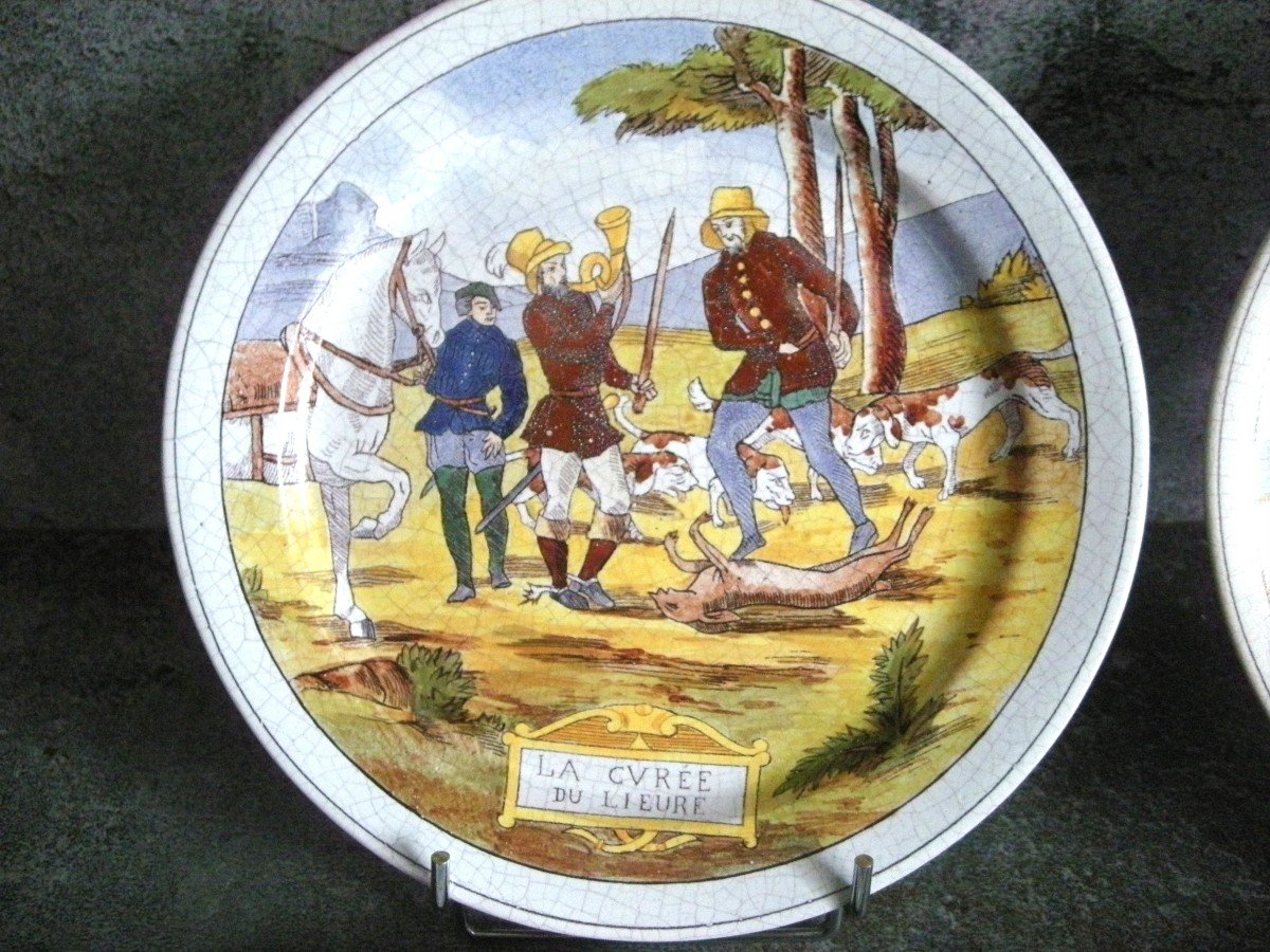 4 Plates On Medieval Hunting Signed Pierrefonds-photo-3