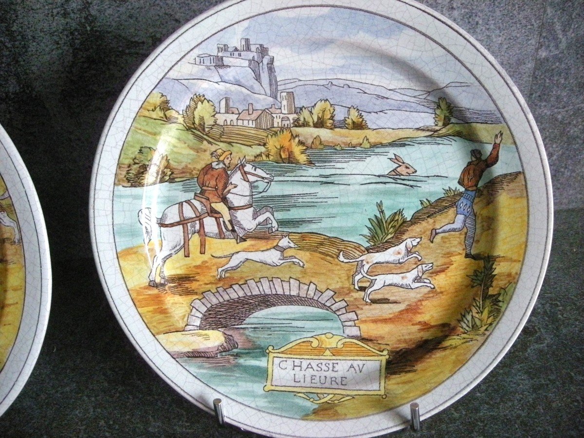 4 Plates On Medieval Hunting Signed Pierrefonds-photo-1