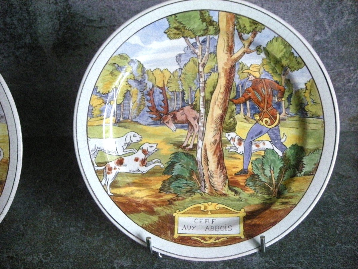 4 Plates On Medieval Hunting Signed Pierrefonds-photo-5