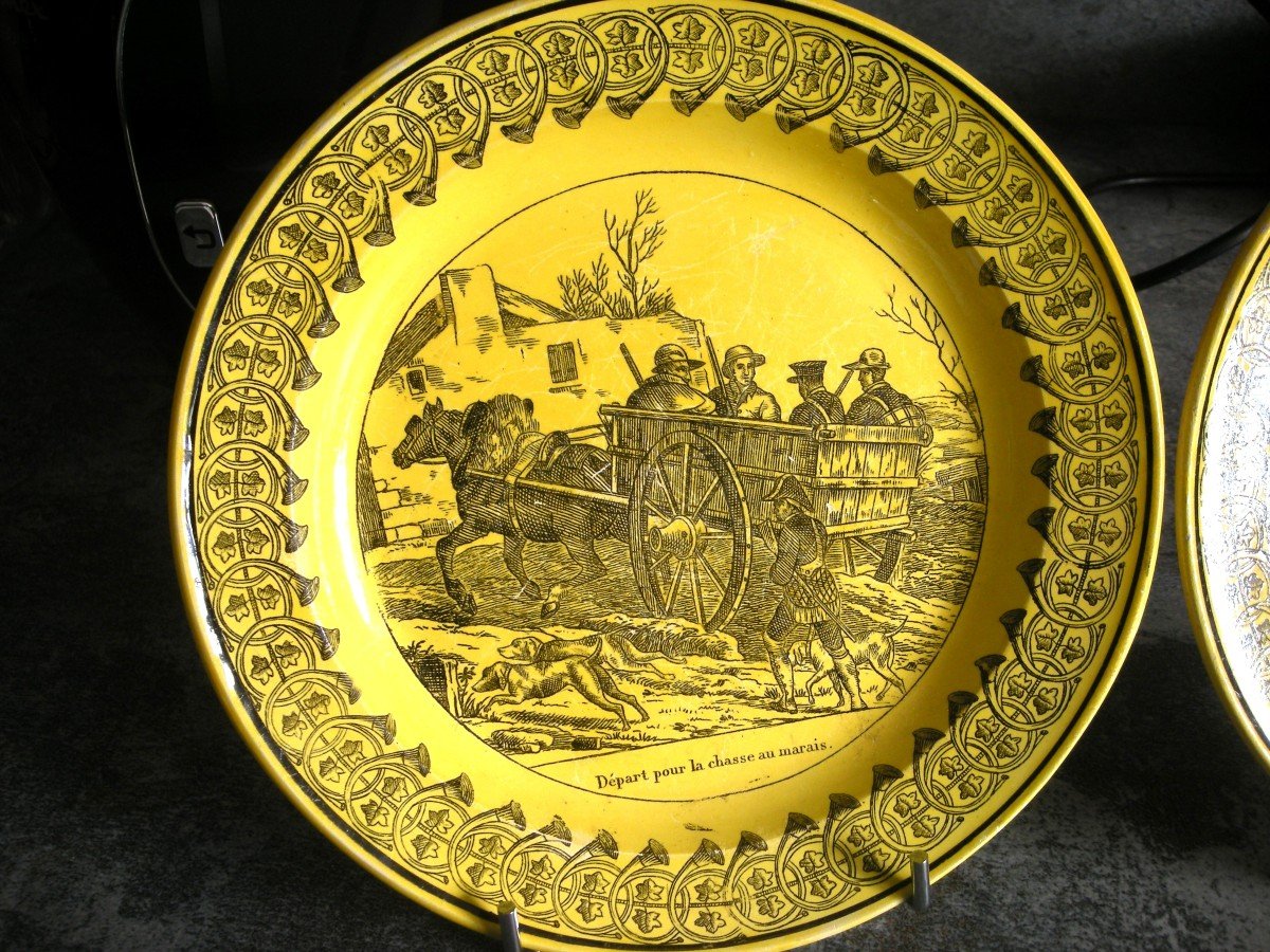 Two Fine Yellow Earthenware Plates Montereau Hunting Decor-photo-2