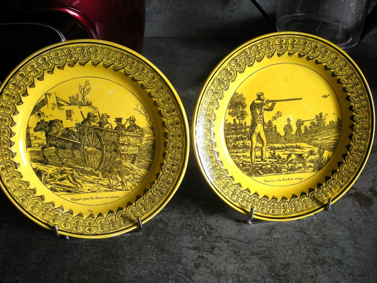 Two Fine Yellow Earthenware Plates Montereau Hunting Decor-photo-3