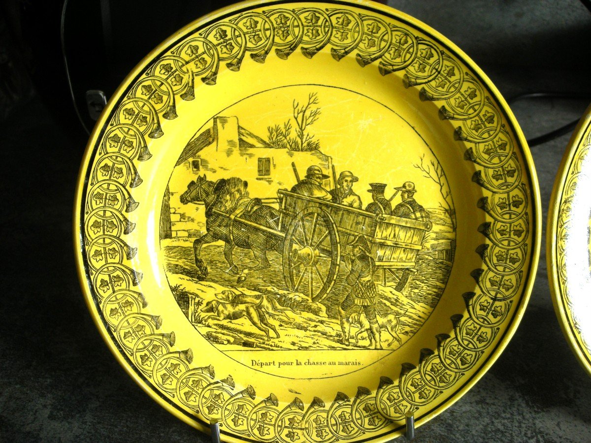Two Fine Yellow Earthenware Plates Montereau Hunting Decor-photo-4
