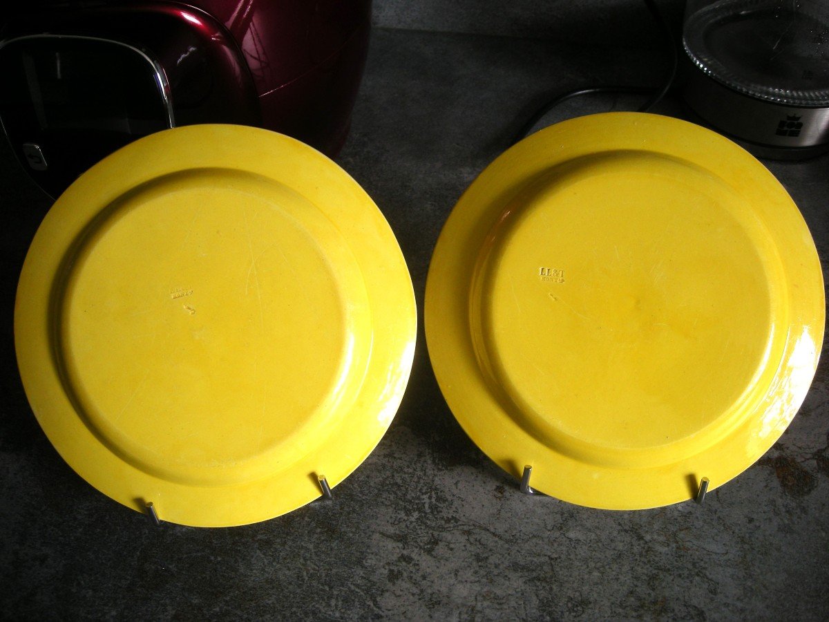 Two Fine Yellow Earthenware Plates Montereau Hunting Decor-photo-4