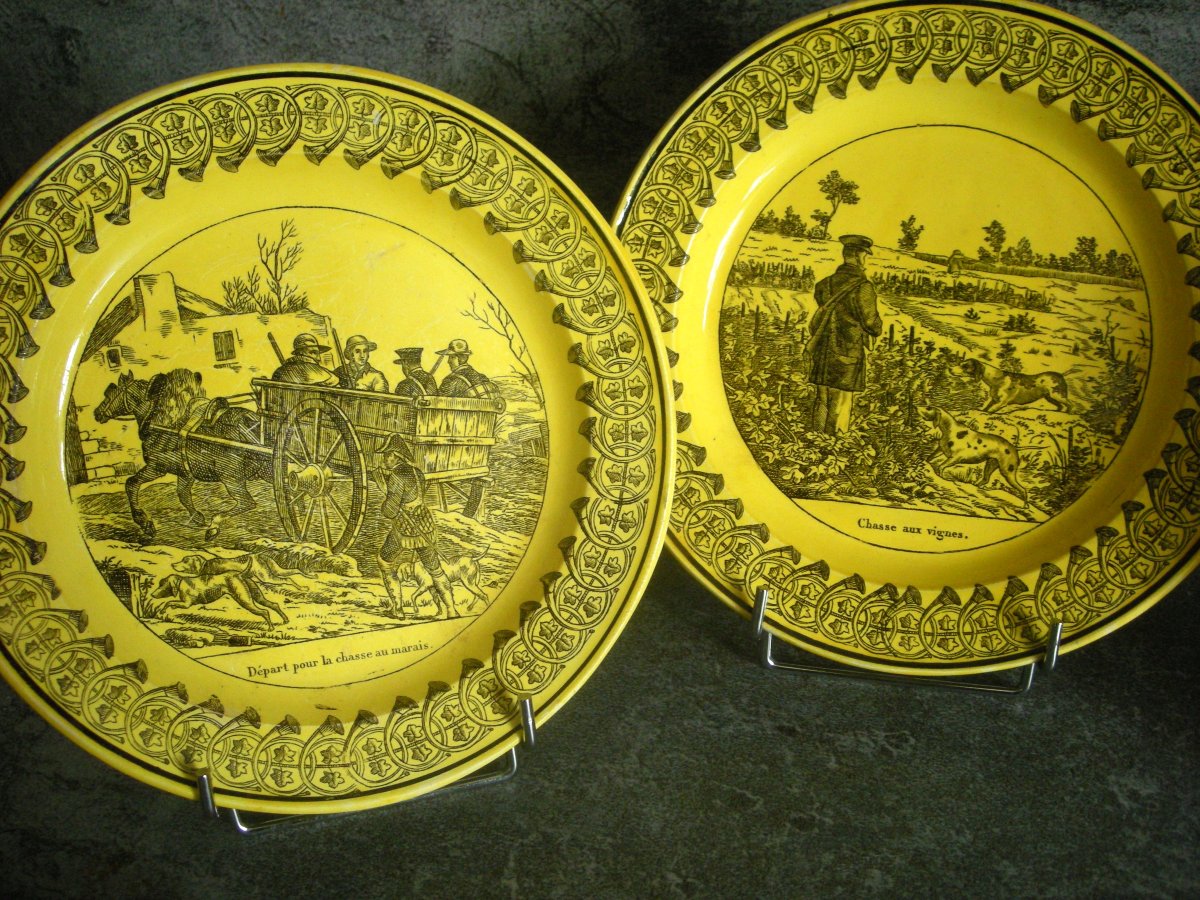 Three Fine Yellow Earthenware Plates Montereau Hunting Decor-photo-6