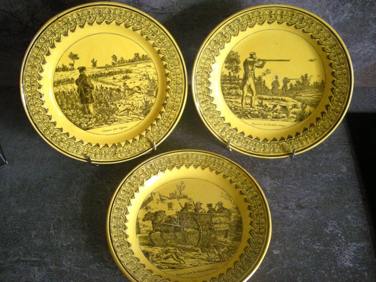 Three Fine Yellow Earthenware Plates Montereau Hunting Decor-photo-8