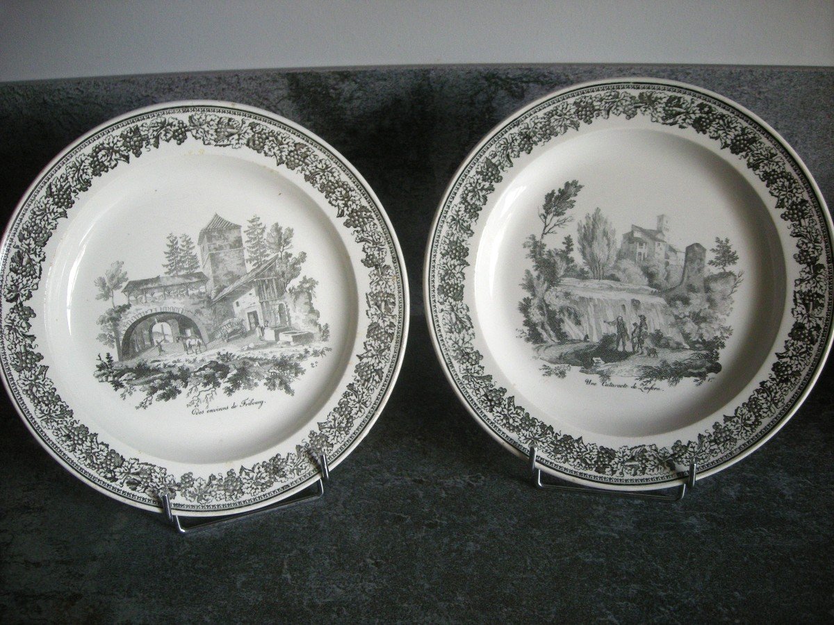 Two Fine Earthenware Plates 1828 Landscape Decor Signed Creil.