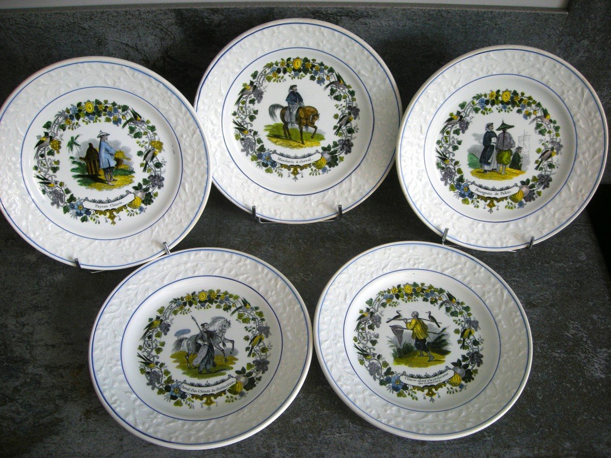 5  Assiettes  1836  Décor  "  La  Vie  Des  Chinois  "  De  Choisy Le Roi-photo-2