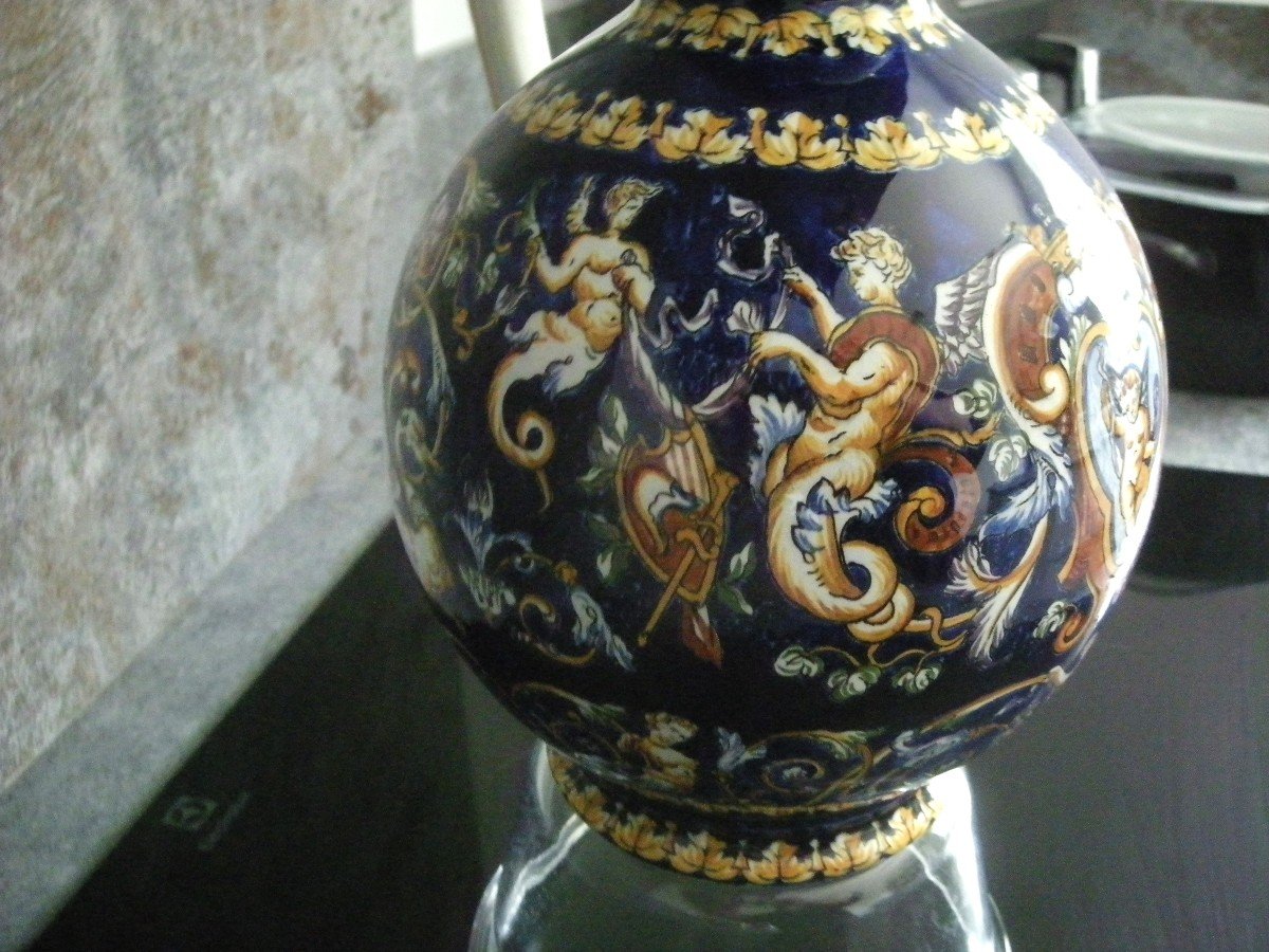 20th Century Earthenware Pitcher With “renaissance” Decor, Signed Gien-photo-3