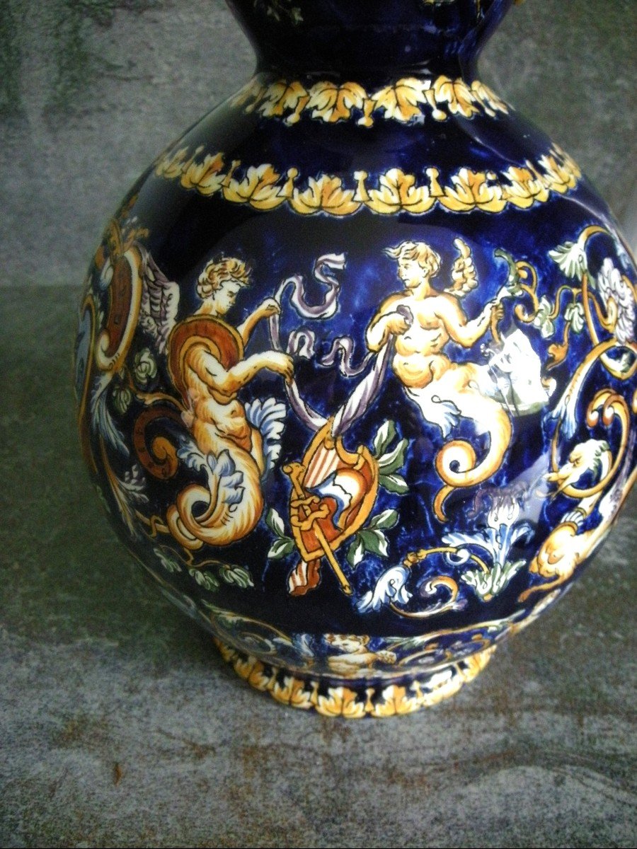 20th Century Earthenware Pitcher With “renaissance” Decor, Signed Gien-photo-2