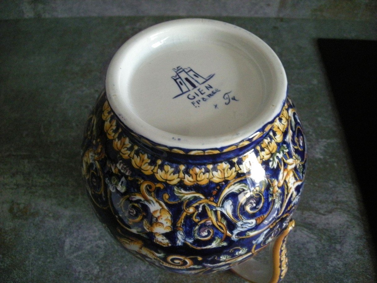 20th Century Earthenware Pitcher With “renaissance” Decor, Signed Gien-photo-4