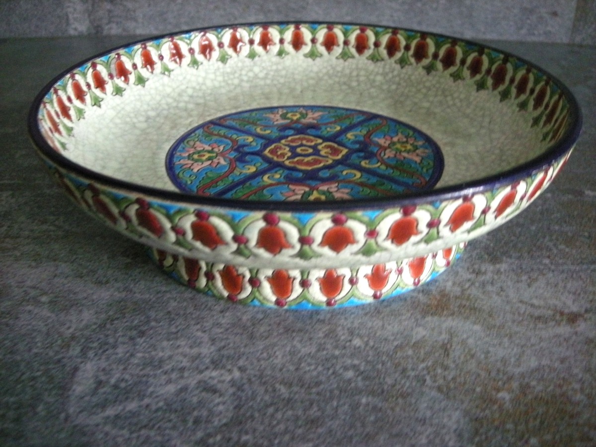 20th Century Art Deco Enamelled Bowl On Foot, Longwy-photo-6